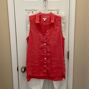 J.Jill Linen sleeveless tunic, L, color is coral. Side button details